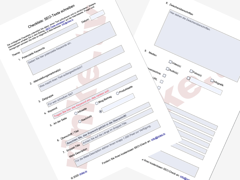 Bild der Checkliste SEO-Texte, die als Formular zum Download bereitsteht.