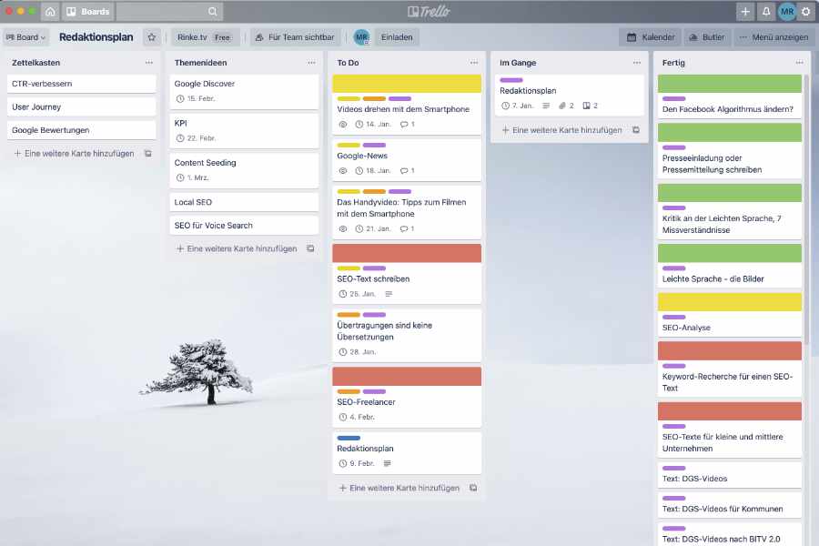 Trello-Board, um einen Redaktionsplan zu erstellen