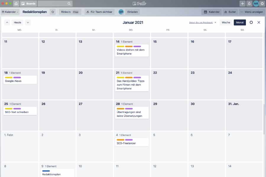 Kalender-Ansicht eines Redaktionsplan