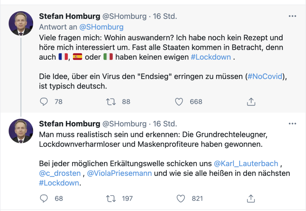 Tweets von Homburg zum Auswandern und Lockdown