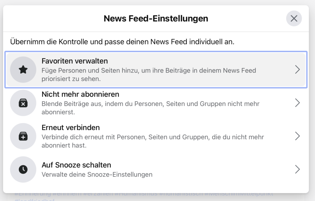 Screenshot: News-Feed-Einstellungen von Facebook